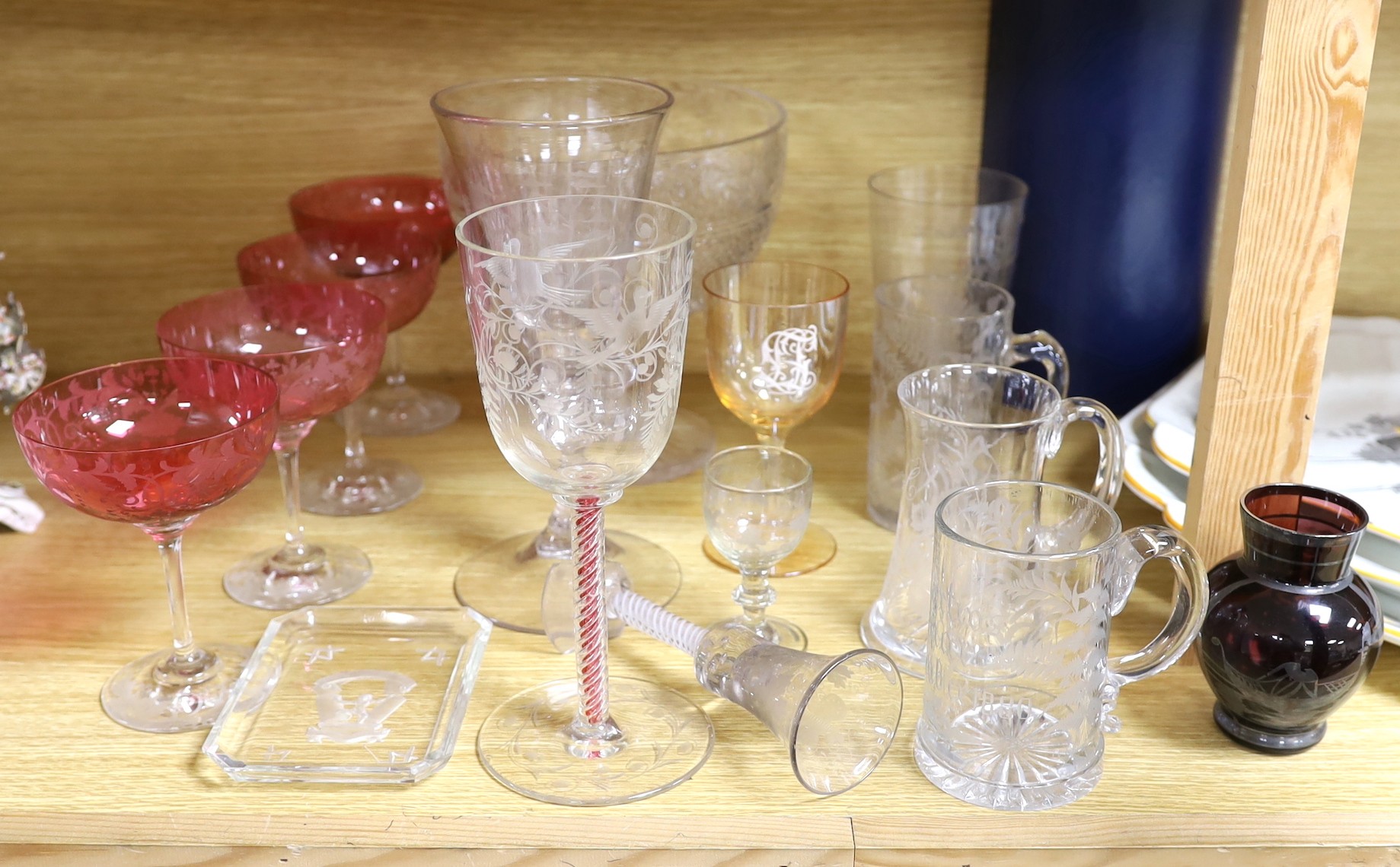 A collection of mostly 19th century engraved glass to include a Masonic dish